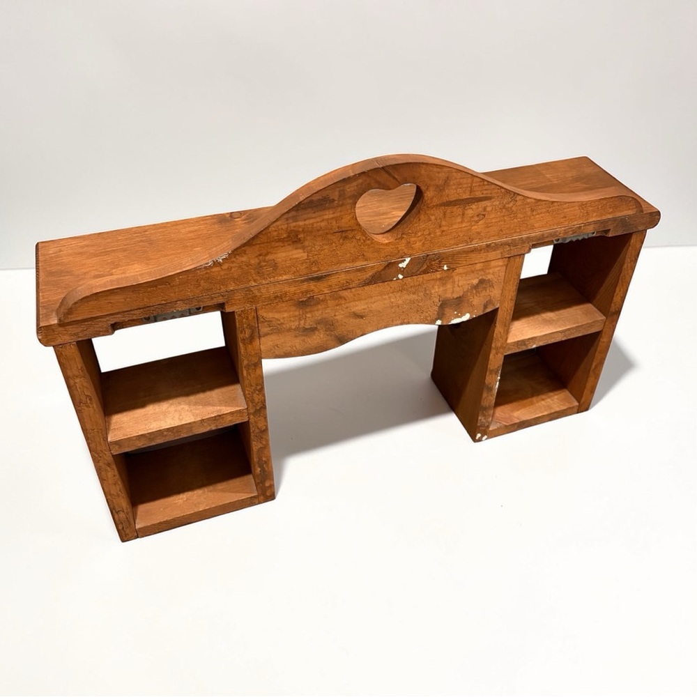 Vtg 1980 Heart Cutout Solid Wood Wall Display Shelf Organizer W/ Hooks & Cubbies - Picture 8 of 16